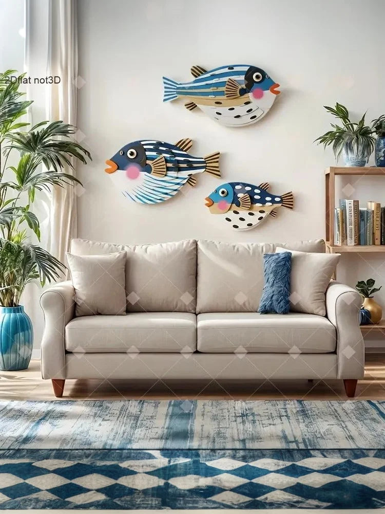 Three Fish Wall Hanging Decoration,Wooden Ocean Art