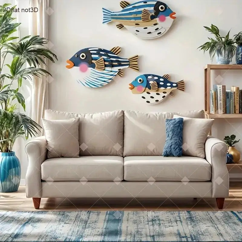 Three Fish Wall Hanging Decoration,Wooden Ocean Art