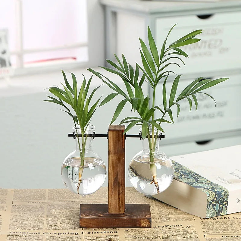 Flower Pot Transparent Vase Wooden Frame Glass Home Decoration