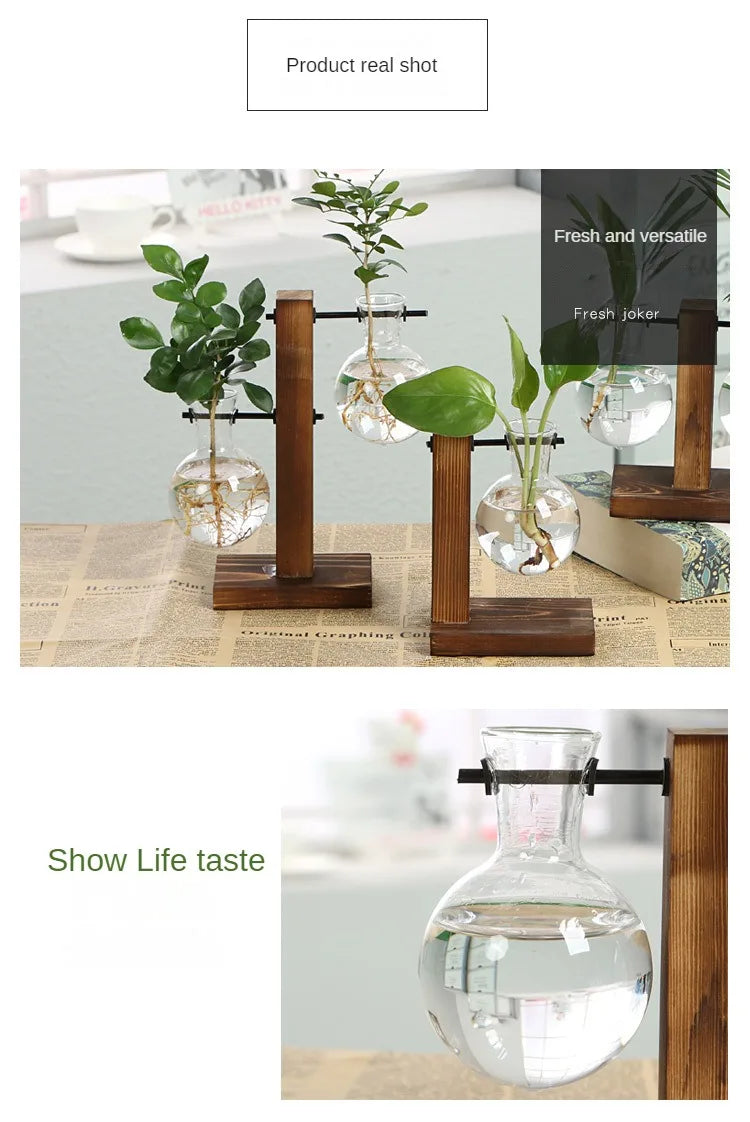 Flower Pot Transparent Vase Wooden Frame Glass Home Decoration