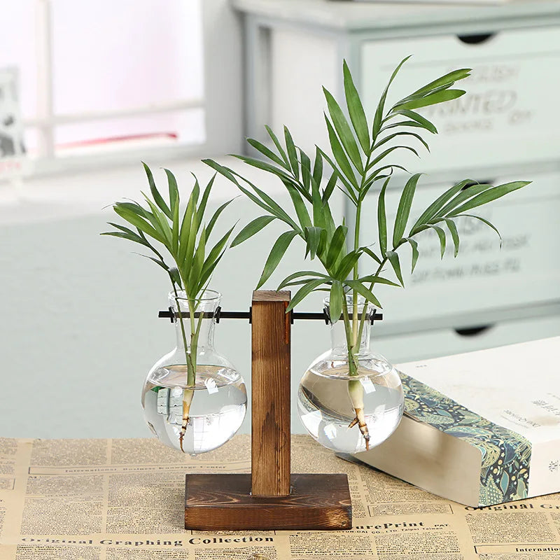 Flower Pot Transparent Vase Wooden Frame Glass Home Decoration
