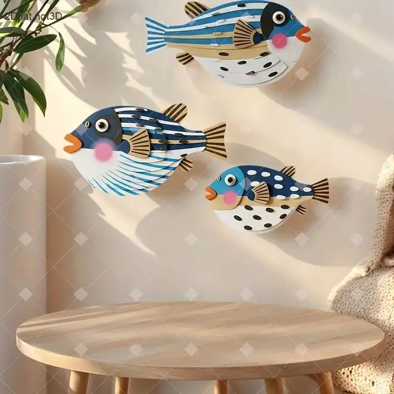 Three Fish Wall Hanging Decoration,Wooden Ocean Art