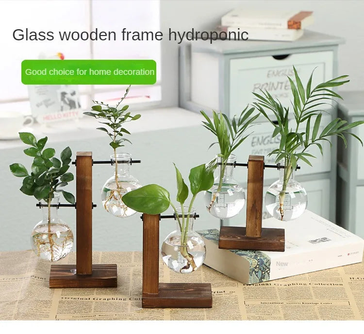 Flower Pot Transparent Vase Wooden Frame Glass Home Decoration