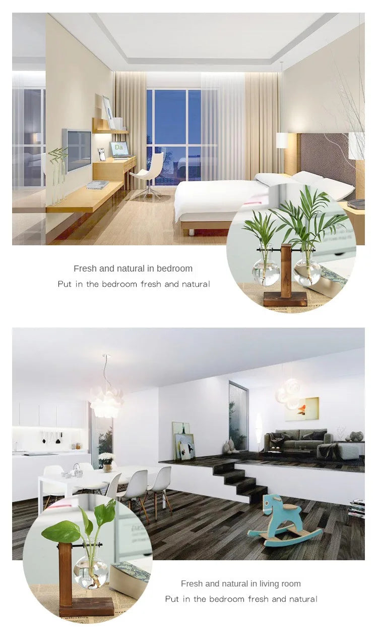 Flower Pot Transparent Vase Wooden Frame Glass Home Decoration