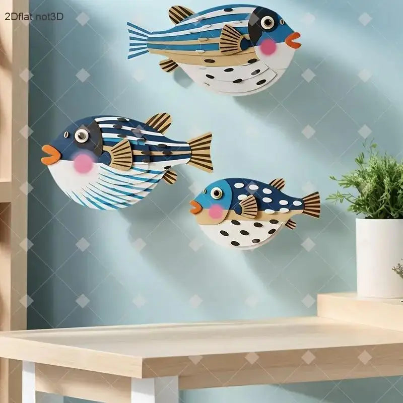 Three Fish Wall Hanging Decoration,Wooden Ocean Art