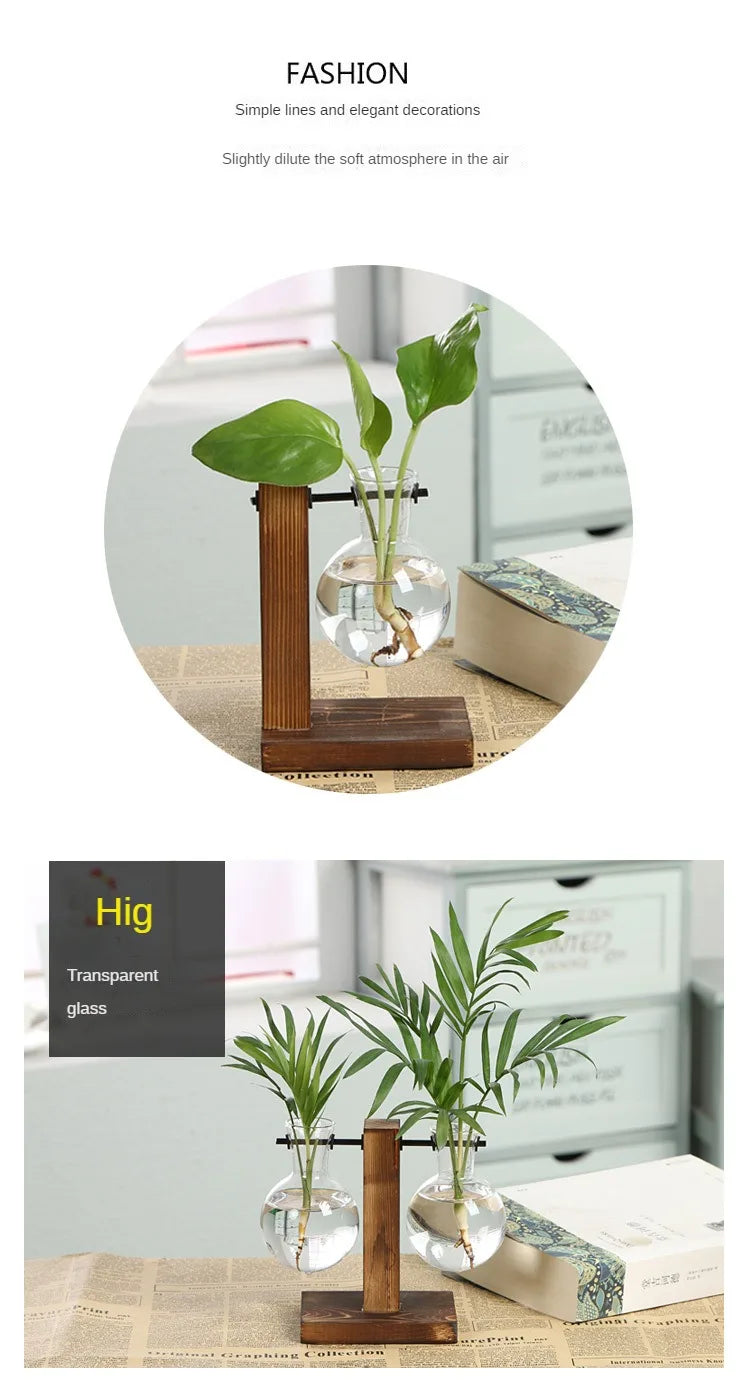 Flower Pot Transparent Vase Wooden Frame Glass Home Decoration