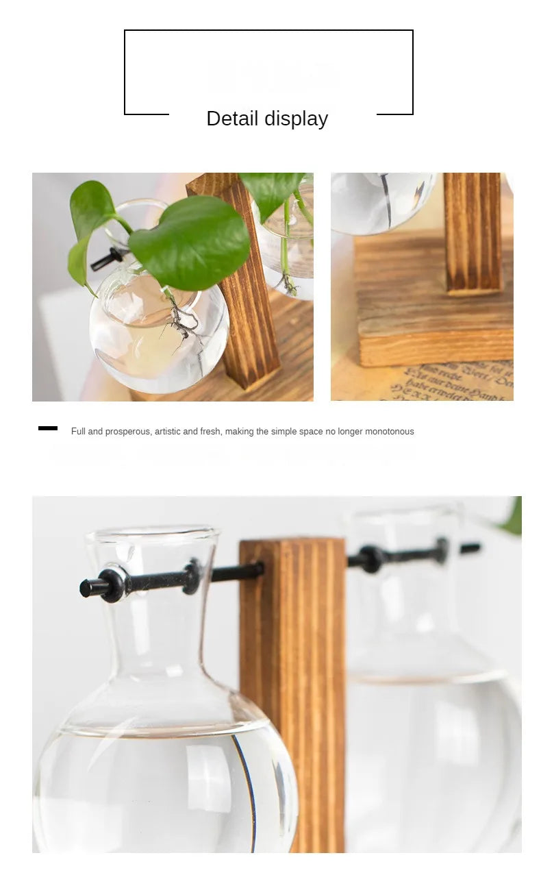 Flower Pot Transparent Vase Wooden Frame Glass Home Decoration
