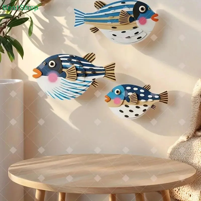 Three Fish Wall Hanging Decoration,Wooden Ocean Art