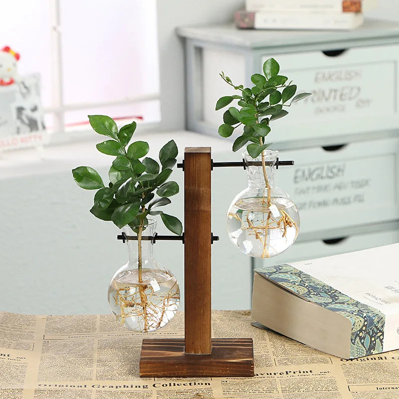 Flower Pot Transparent Vase Wooden Frame Glass Home Decoration
