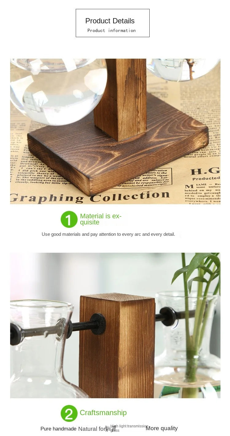 Flower Pot Transparent Vase Wooden Frame Glass Home Decoration