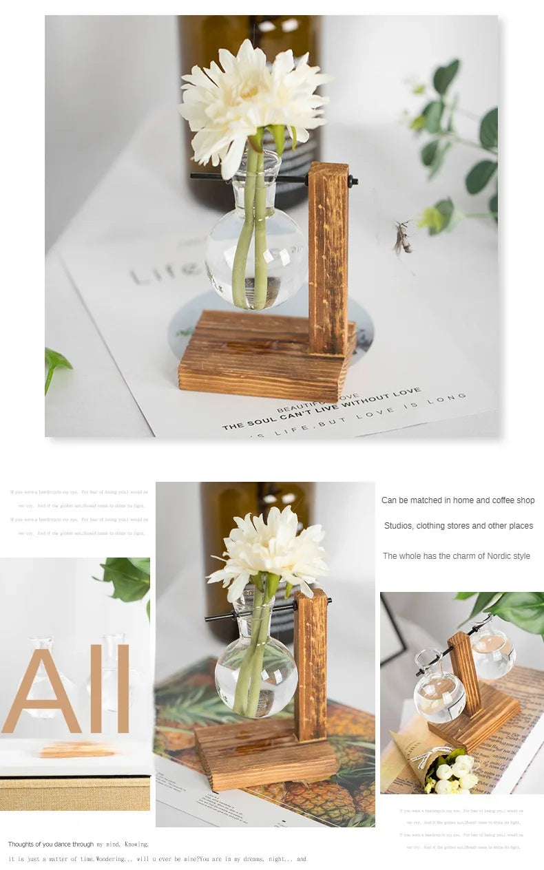 Flower Pot Transparent Vase Wooden Frame Glass Home Decoration