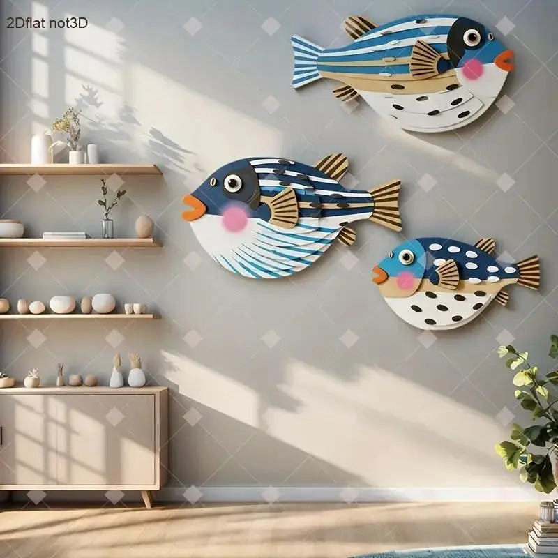Three Fish Wall Hanging Decoration,Wooden Ocean Art