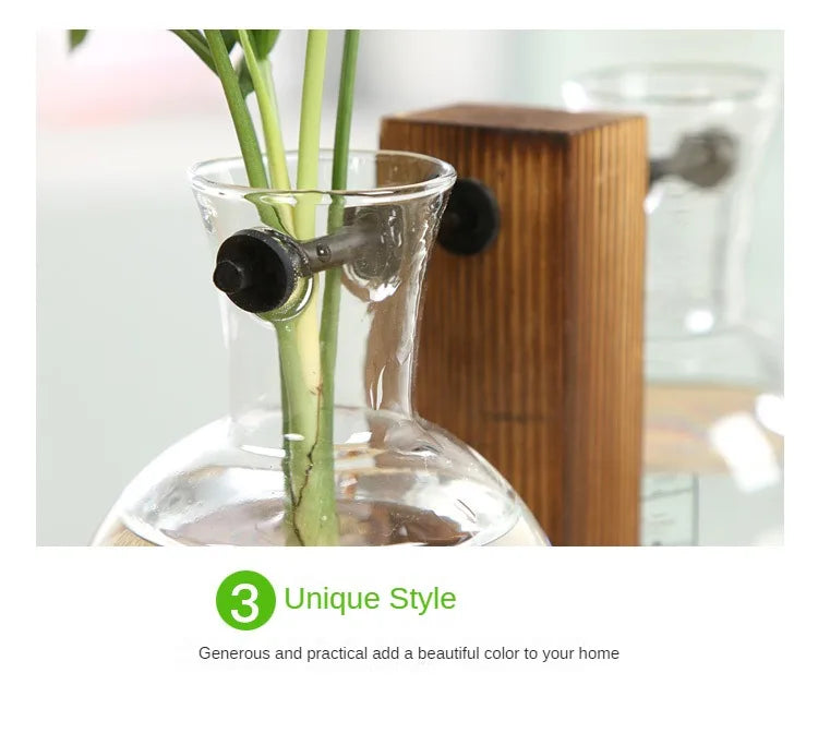 Flower Pot Transparent Vase Wooden Frame Glass Home Decoration