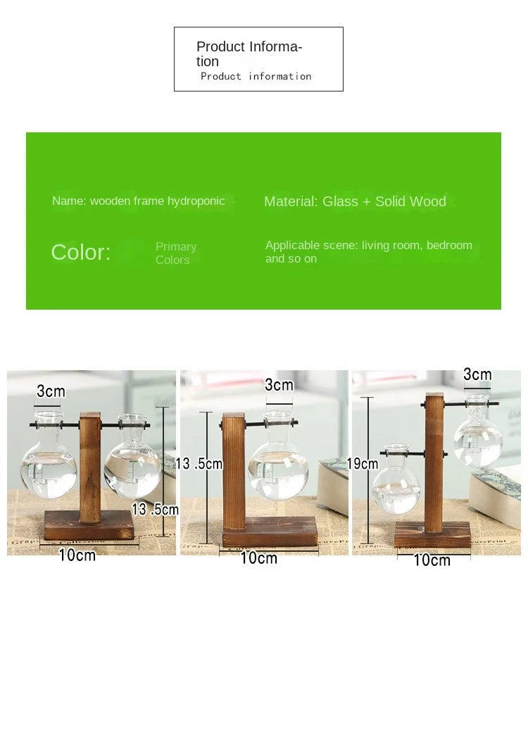 Flower Pot Transparent Vase Wooden Frame Glass Home Decoration
