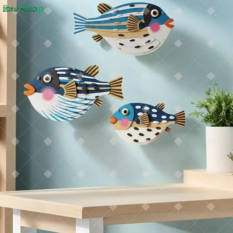 Three Fish Wall Hanging Decoration,Wooden Ocean Art